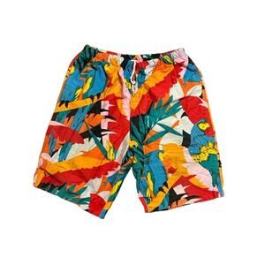 VTG 80s Kudos Bathing Suit Tropical Parrot Swim Trunks Board Shorts Men's Medium